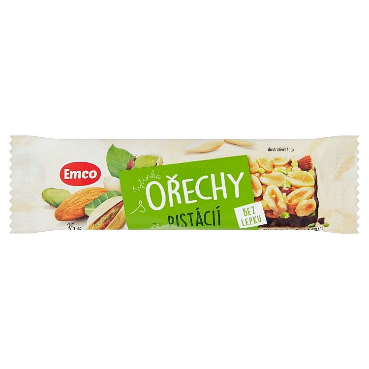 Emco Arašidová tyčinka s mandľami a pistáciami polomáčaná v horkej čokoláde 35 g